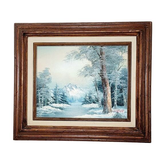Vintage Irene Cafieri Original Oil Painting Mountains Winter Snow Trees River